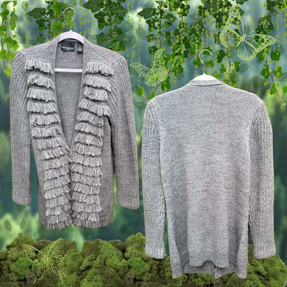 Cynthia Rowley Gray Open Knit Fringe Cardigan